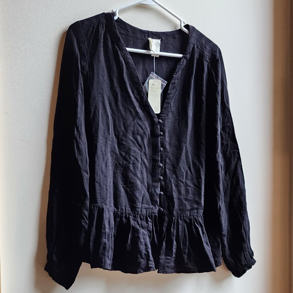 NWT Japna Black V-Neck Peasant Blouse SIze XS